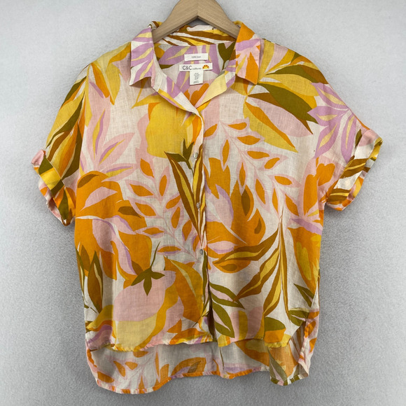 C&C California Tops - C&C CALIFORNIA Top M 100% Linen Tropical Leaf Camp Shirt Button Front Yellow